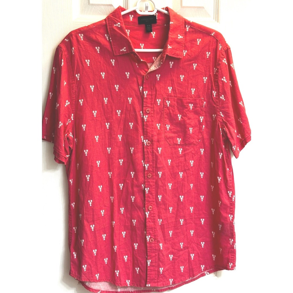 Magaschoni‎ Man Red Lobster Print Linen Blend Short Sleeve Button Down Shirt M